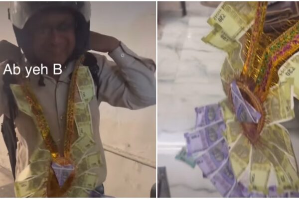 blinkit delivery agent gets paid in note garland at wedding