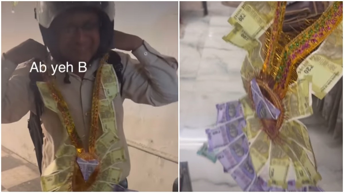 blinkit delivery agent gets paid in note garland at wedding