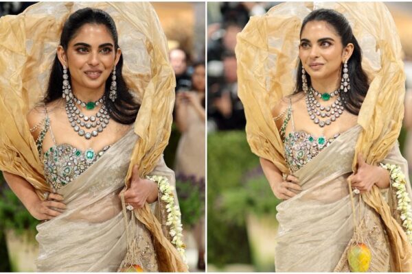 isha ambani takes a gold saree, gajra and ‘aam’ to