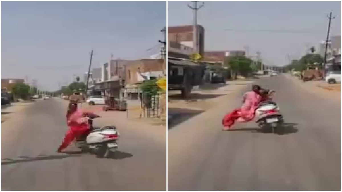punjab woman falls off scooter after hitting raised sewer cover,